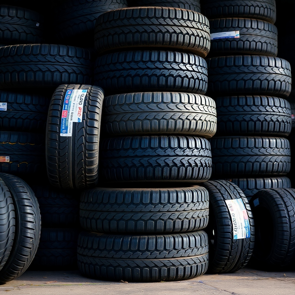 A meticulously organized display of various tire models stacked neatly in a well-lit warehouse. Close-up shot highlighting the different tread patterns and brand logos. Soft, diffused lighting to accentuate the textures of the rubber.