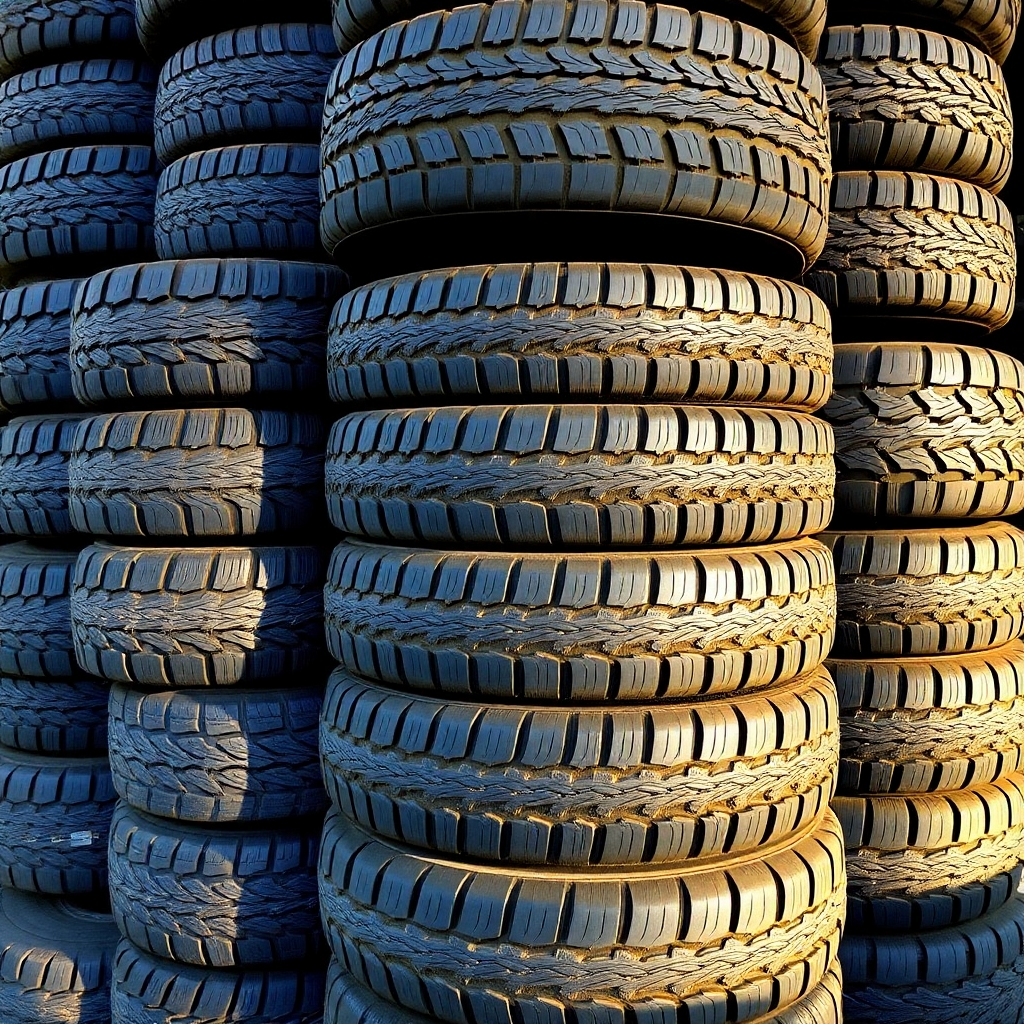Show stacks of tires in a variety of makes and treads. Ensure that the light reflects off the tires, showcasing their durability.