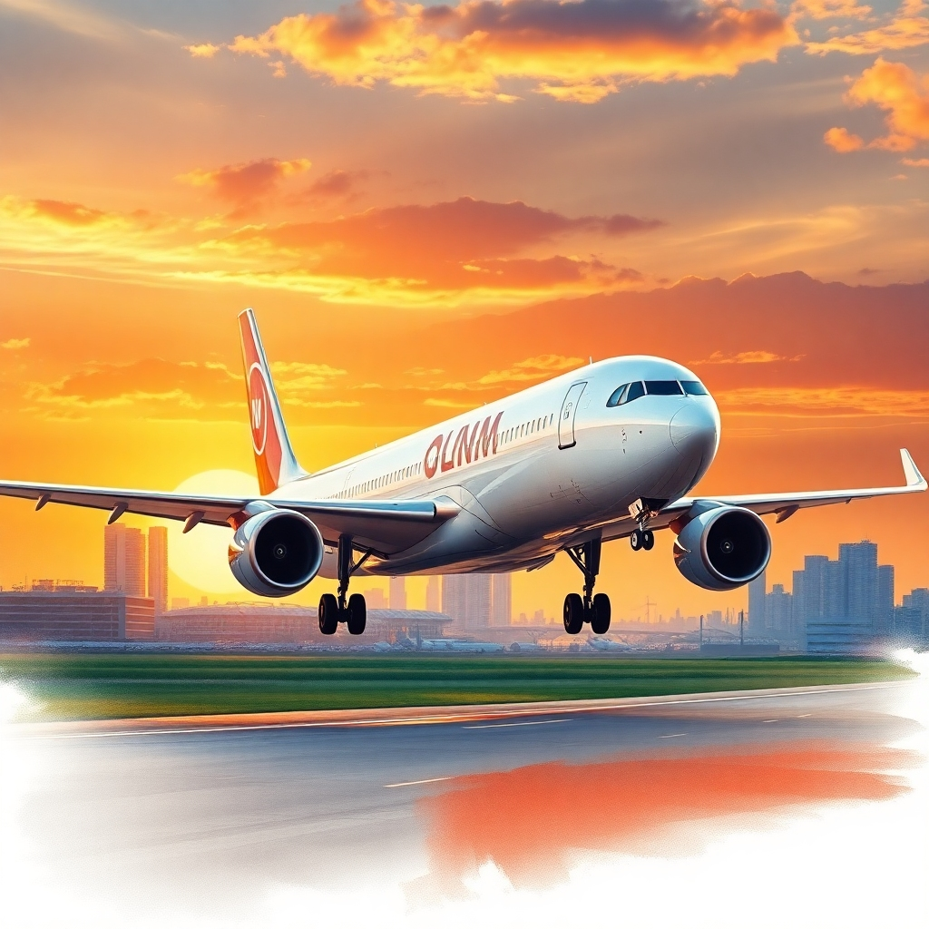 A photorealistic image of a balikbayan box being loaded onto a cargo plane at an international airport. The PASABUY PHILIPPINES logo is prominently displayed on the box. The background shows other cargo planes and airport infrastructure. The lighting is dramatic and emphasizes the scale of the operation. The camera angle is a low angle, capturing the plane taking off. The style is industrial and efficient.