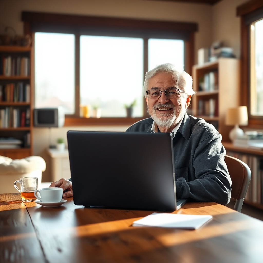 Retraité heureux utilisant un ordinateur portable