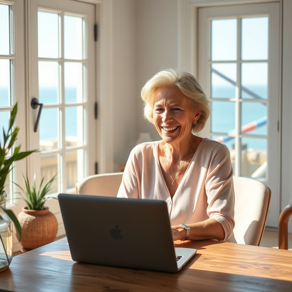 Retraitée sereine travaillant sur son ordinateur