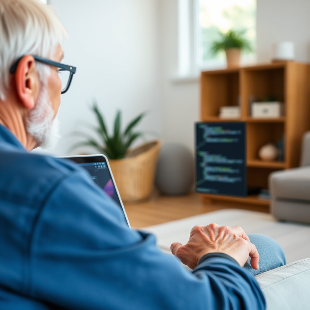 Senior learning on laptop