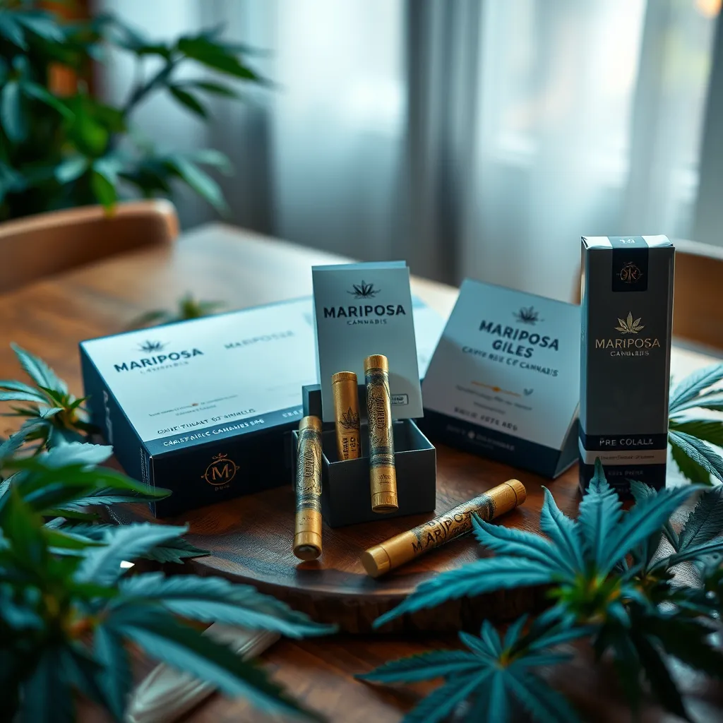 A beautifully arranged display of Mariposa Cannabis pre-rolls in custom packaging, surrounded by natural elements like cannabis leaves, on a wooden table. The setting is warm and inviting, with soft lighting that highlights the textures and colors of the products.