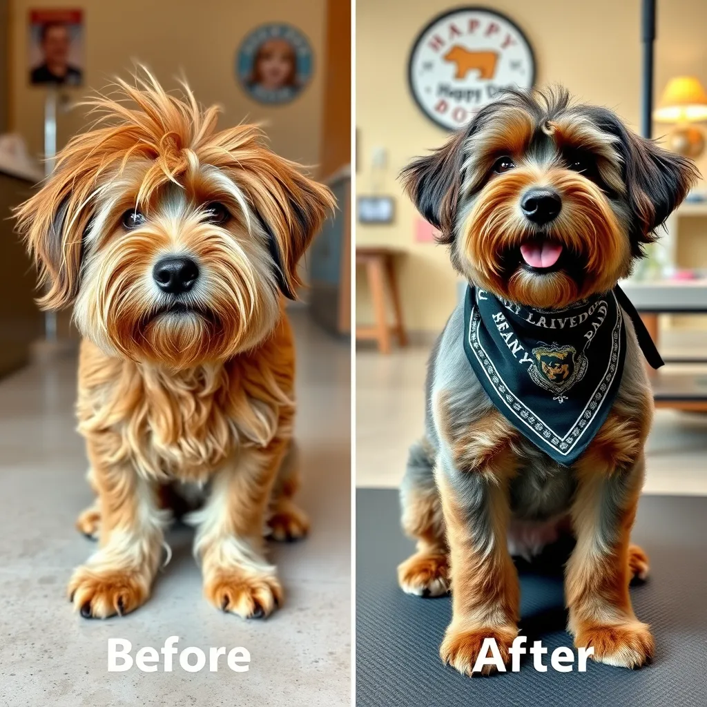 A before and after collage of a dog, showing the left image with tousled fur and dirty paws, and the right image with shiny fur, freshly groomed, and wearing a stylish bandana. The setting should be within the Happy Dog K9 Grooming & Boarding facility, highlighting a cheerful and calming atmosphere.