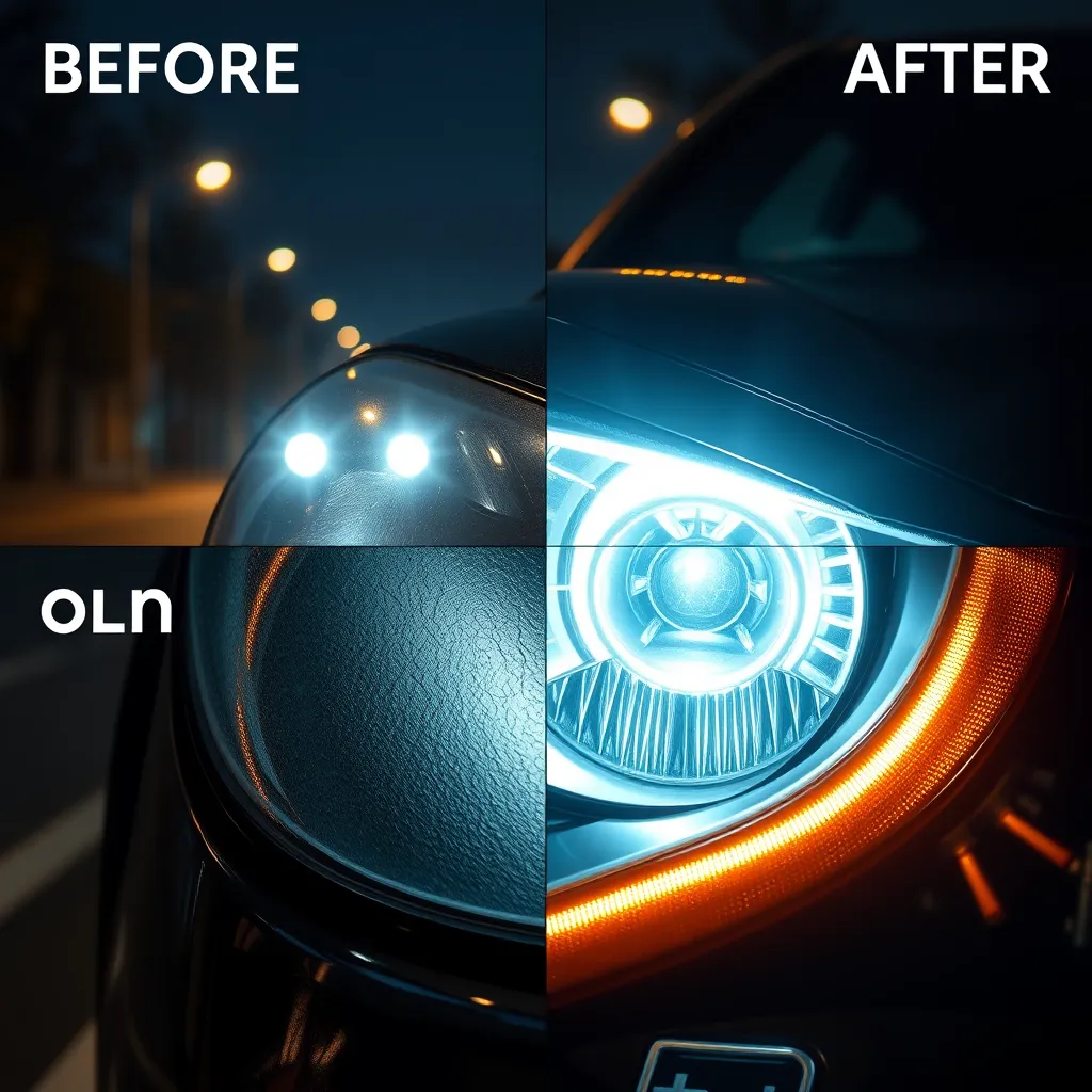 A before-and-after image showcasing a cloudy car headlight being restored to a bright, clear condition. The background should feature a nighttime city street with streetlights.