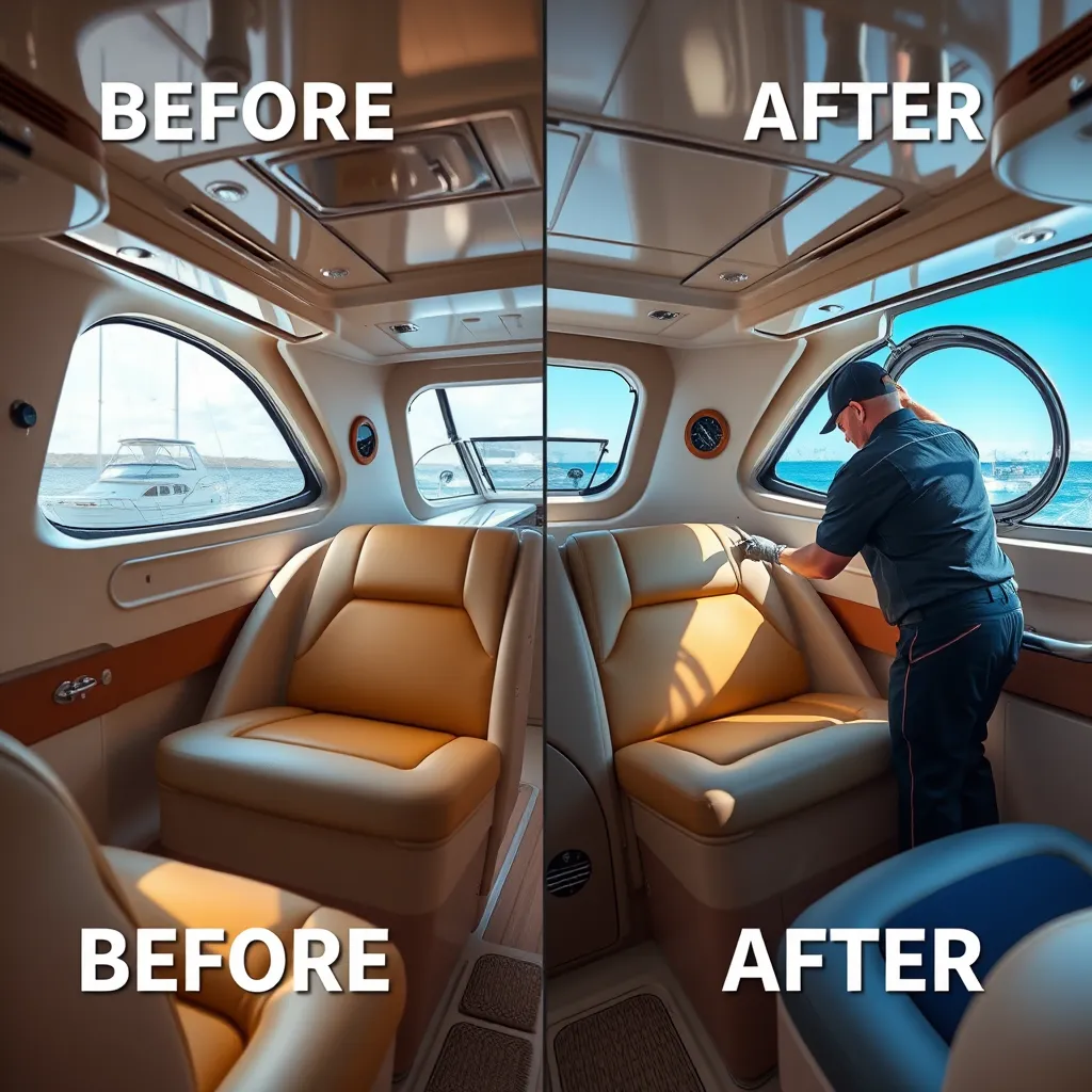 A before-and-after scene of a boat interior, showcasing new, premium upholstery being installed by a technician. The image captures the vibrant colors and textures, highlighting craftsmanship and comfort, with a boat's exterior visible through a porthole.