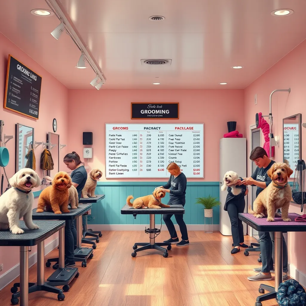 A bright, inviting grooming salon showcasing a variety of grooming packages. Include a price list displayed on the wall, along with happy dogs being groomed by skilled groomers. The atmosphere should be clean and vibrant, reflecting a welcoming and safe environment.