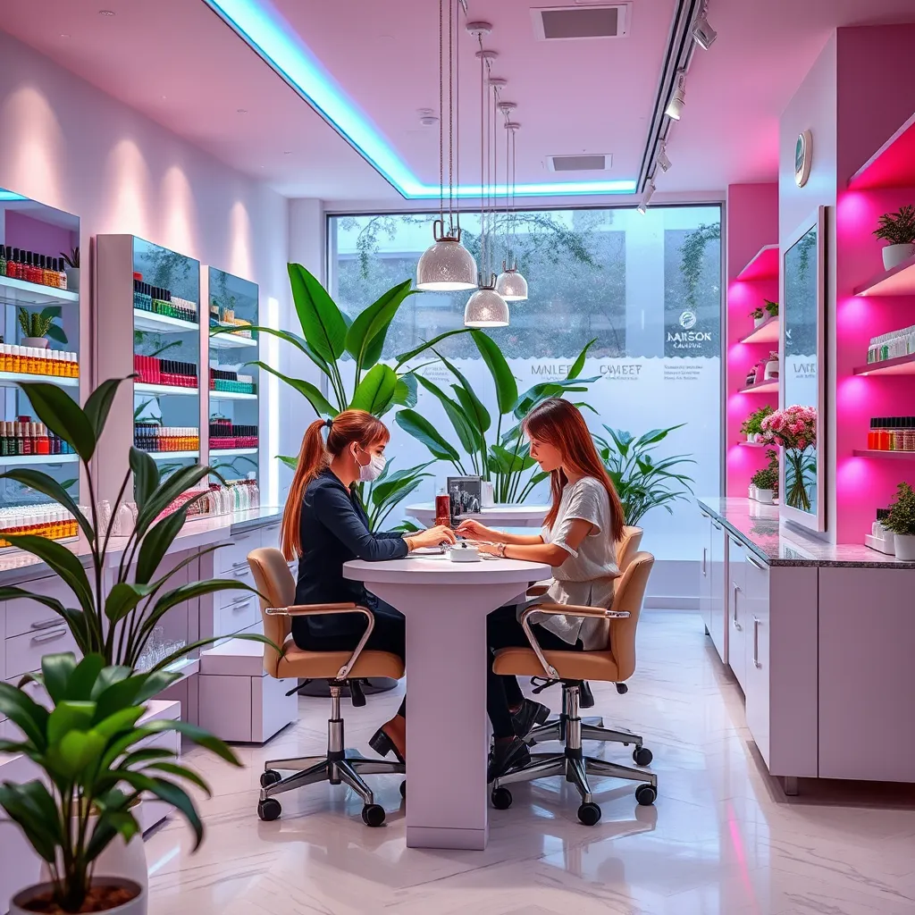 A bright, modern nail salon interior showcasing a stylish manicure station with a technician performing a gel manicure on a client. The atmosphere is vibrant and inviting, with colorful nail polish bottles displayed and lush indoor plants for ambiance.