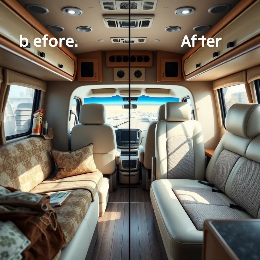 A bright and spacious RV interior showing a before and after comparison. The left side is cluttered with outdated, worn upholstery and faded patterns, while the right side displays a sleek, modern look with fresh upholstery and detailed craftsmanship, showcasing Curon Foam and Velcro fasteners.