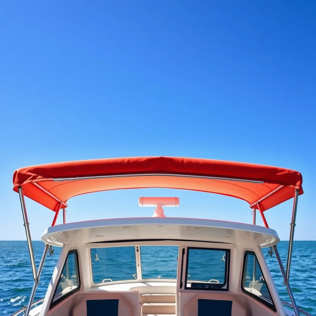 A bright and sturdy bimini top on a boat, set under a clear blue sky. The top is made from high-quality canvas, showcasing vibrant colors. The boat is docked with gentle waves in the background, emphasizing protection and style.