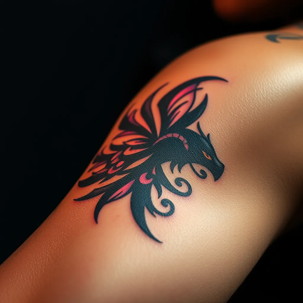 A captivating image of a client's arm showcasing a stunning cover-up tattoo. The original tattoo, a faded and poorly executed design, has been expertly transformed into a breathtaking piece of art. The cover-up features intricate details, vibrant colors, and a seamless blend with the client's skin. The lighting is dramatic, highlighting the vibrant colors and textures of the tattoo. The image should be close-up and emphasize the artistry involved in the cover-up process, capturing the transformation from old to new. Style reference: Fine art photography, emphasizing intricate details and artistic expression.