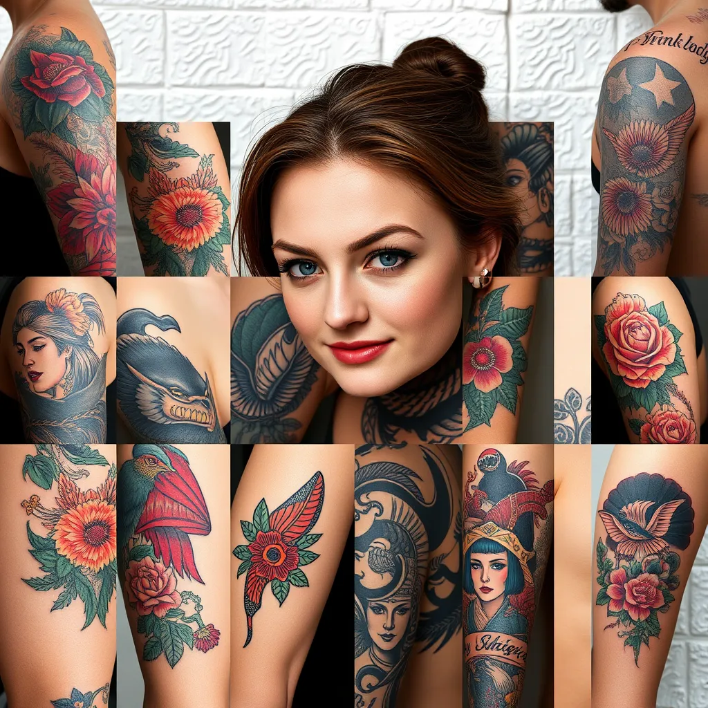 A captivating photorealistic image showcasing Lucy Parker's tattoo portfolio.  Focus on a curated selection of 12 of her best tattoos, arranged in a visually appealing grid. The tattoos should be diverse, showcasing different styles like American Traditional, Neo-Traditional, New School, Black and Grey, Realism, and Japanese.  Each tattoo should be captured in a close-up, emphasizing vibrant colors, intricate details, and sharp lines. The background should be a clean, minimalist white wall, creating a stark contrast that highlights the tattoos' artistry. The overall mood should be professional, showcasing Lucy's skills and passion for tattooing. Render the image with ultra-high resolution and hyperrealistic detail, capturing every texture and nuance of the tattoos and the skin.
