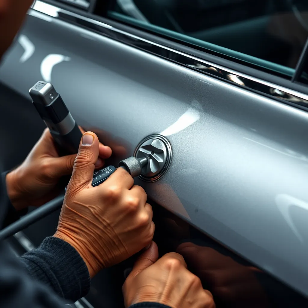 A car with a significant dent on the door panel being expertly repaired by a skilled auto detailer using specialized tools. The image should be focused on the intricate process of dent removal and showcase the technician's expertise.