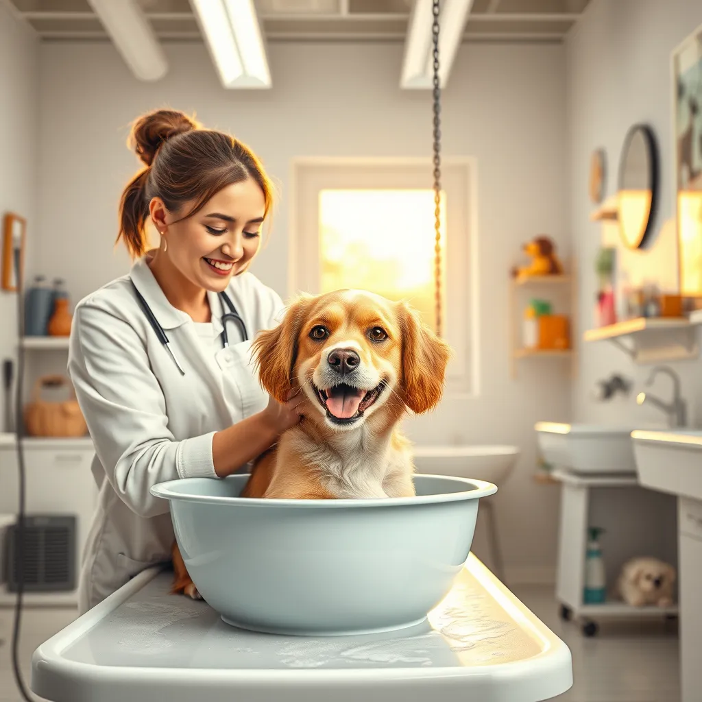 A caring dog groomer gently bathing a happy dog in a bright, clean grooming salon, surrounded by high-quality grooming products. The salon is spacious and inviting, with sunlight streaming through a window and playful decorations featuring dogs.