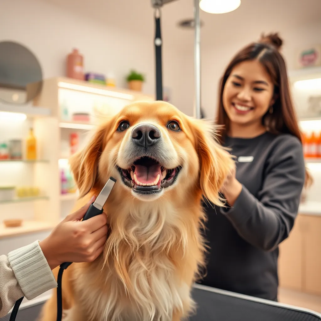 A cheerful dog being groomed by a professional groomer in a bright and airy grooming salon. The groomer, a woman with a friendly smile, is using high-quality grooming tools on a fluffy Golden Retriever with shiny, well-kept fur. Soft diffused lighting fills the space, creating a warm and welcoming atmosphere. The color palette features pastel hues with pops of vibrant colors from grooming supplies. The camera angle is slightly above eye level, capturing both the dog's joyful expression and the groomer's expert focus. Textures are rich, highlighting the softness of the dog's fur and the sleekness of the grooming tools. In the background, bright shelves filled with premium dog products reflect a pet-friendly environment. The overall style is hyperrealistic, emphasizing details like the dog's sparkling eyes and the groomer's precise technique. 8K resolution ensures every detail is ultra-detailed and lifelike.