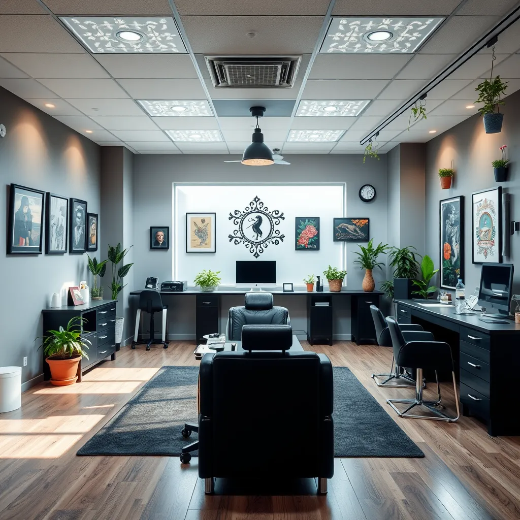 A clean and modern tattoo studio with bright lighting, comfortable seating, and professional equipment. The studio has a welcoming atmosphere, with artwork displayed on the walls and plants adding a touch of nature. The image should showcase the studio's commitment to cleanliness and professionalism.