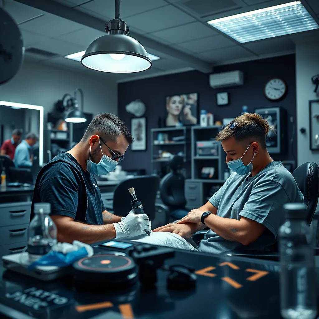 A clean and professional tattoo studio with high-quality equipment and well-lit workspaces. A tattoo artist is carefully working on a client's tattoo, while another client is consulting with a piercer. The image emphasizes the safety and hygiene standards of the studio.