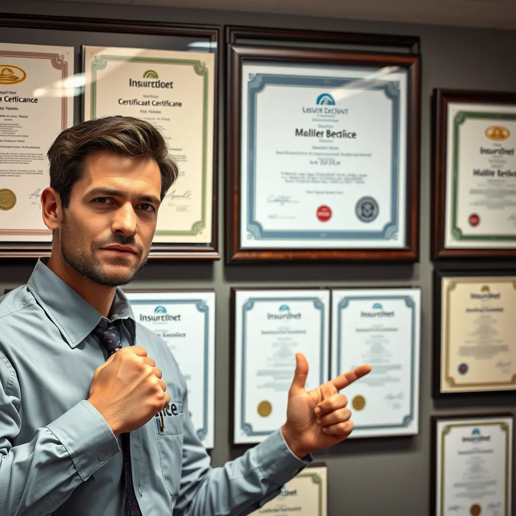 A close-up, detailed, photorealistic image of a certificate wall where various licenses and insurance certificates are displayed. A professional-looking staff member is pointing proudly at the certificates, showing their importance to the business.