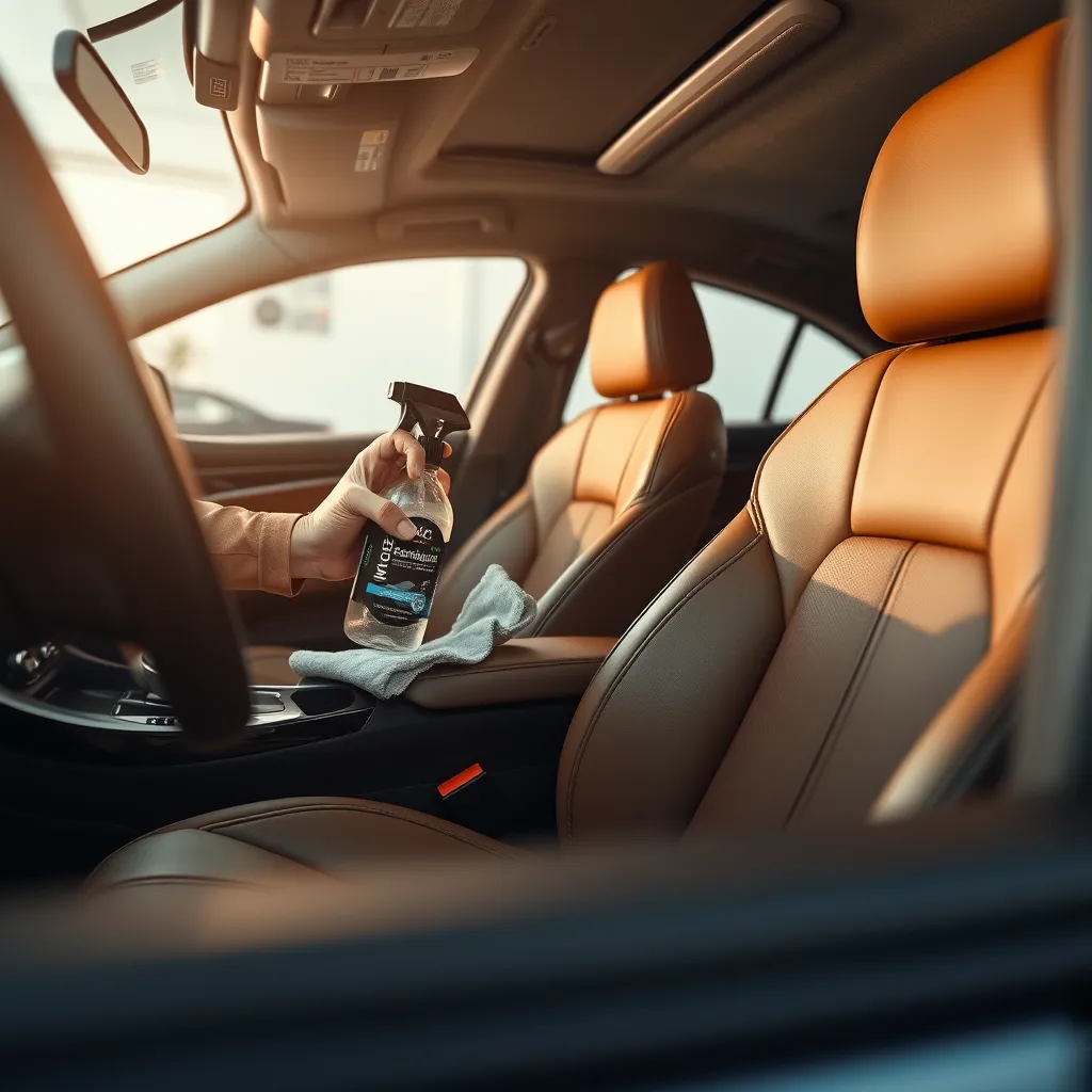 A close-up, high-angle shot of a car interior being detailed, showcasing the meticulous work of a detailer. The image should have a warm, inviting color palette, with soft, natural lighting. The focus should be on the detailer's hands carefully cleaning the leather seats, using a microfiber cloth and a bottle of detailing spray. The background should be a clean, white garage with minimal clutter, creating a professional and polished aesthetic. The image should capture the precision and care involved in the detailing process, emphasizing the high quality of service offered by ABC Auto Detailing Inc. Capture the texture of the leather, the gleam of the detailing spray, and the soft, natural lighting, creating a sense of tranquility and luxury. Render the image in 8K resolution with hyperrealistic details and a depth of field effect, blurring the background and emphasizing the intricate work of the detailer.