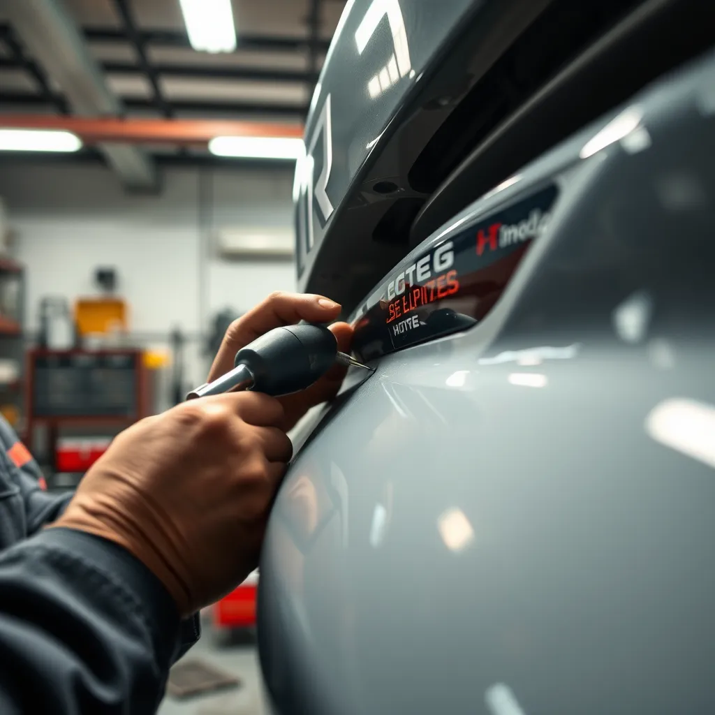 A close-up, high-angle shot of a mechanic carefully repairing a dented car bumper with a specialized tool, under bright, focused overhead lighting. The background should be a clean, well-lit auto repair shop with a variety of tools visible, conveying a sense of precision and expertise.  The scene should be captured in a hyperrealistic style, emphasizing the intricate details of the repair process and the gleaming surface of the repaired bumper, reflecting the light. The image should exude a sense of professionalism and quality craftsmanship. Render this in 8K resolution with a high dynamic range (HDR) effect.