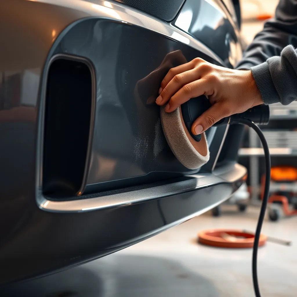 A close-up, hyperrealistic image of a car bumper being repaired. The bumper is a dark gray metallic color, with visible scratches and dents. A skilled technician is carefully sanding down the damaged area, using a professional sanding tool. The lighting is warm and diffused, casting soft shadows on the technician's hands and the surrounding tools. The background is a clean, well-lit garage, with tools and equipment neatly organized. The image captures the precision and detail involved in bumper repairs. Emphasize the texture of the metal and the smooth, even finish of the repaired area. The image should be in 8K resolution, showcasing every detail with exceptional clarity.