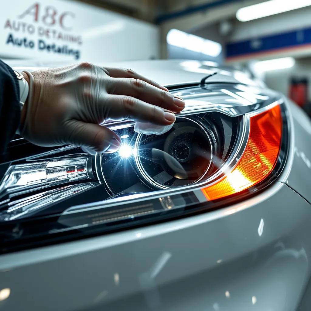 A close-up high-quality image of a car technician meticulously polishing a hazy headlight to a pristine condition. The headlight glows brightly, showcasing the detail. The background should include a garage setting with ABC Auto Detailing branding.