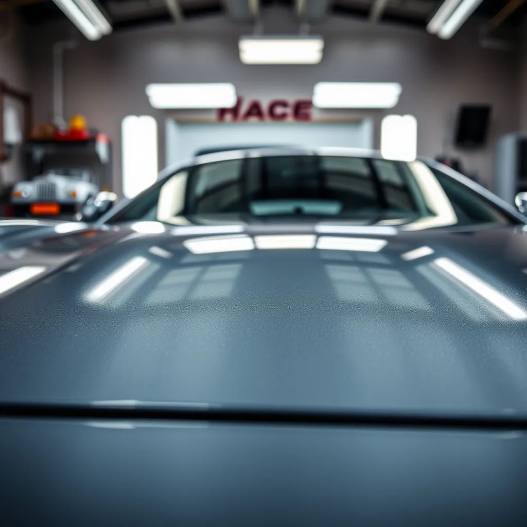 A close-up image of a car bonnet reflecting light perfectly after being coated with a premium finish. The background features a professional detailing studio with high-end equipment, and the car's surface gleams under soft studio lights, highlighting the expert craftsmanship from ABC Auto Detailing.