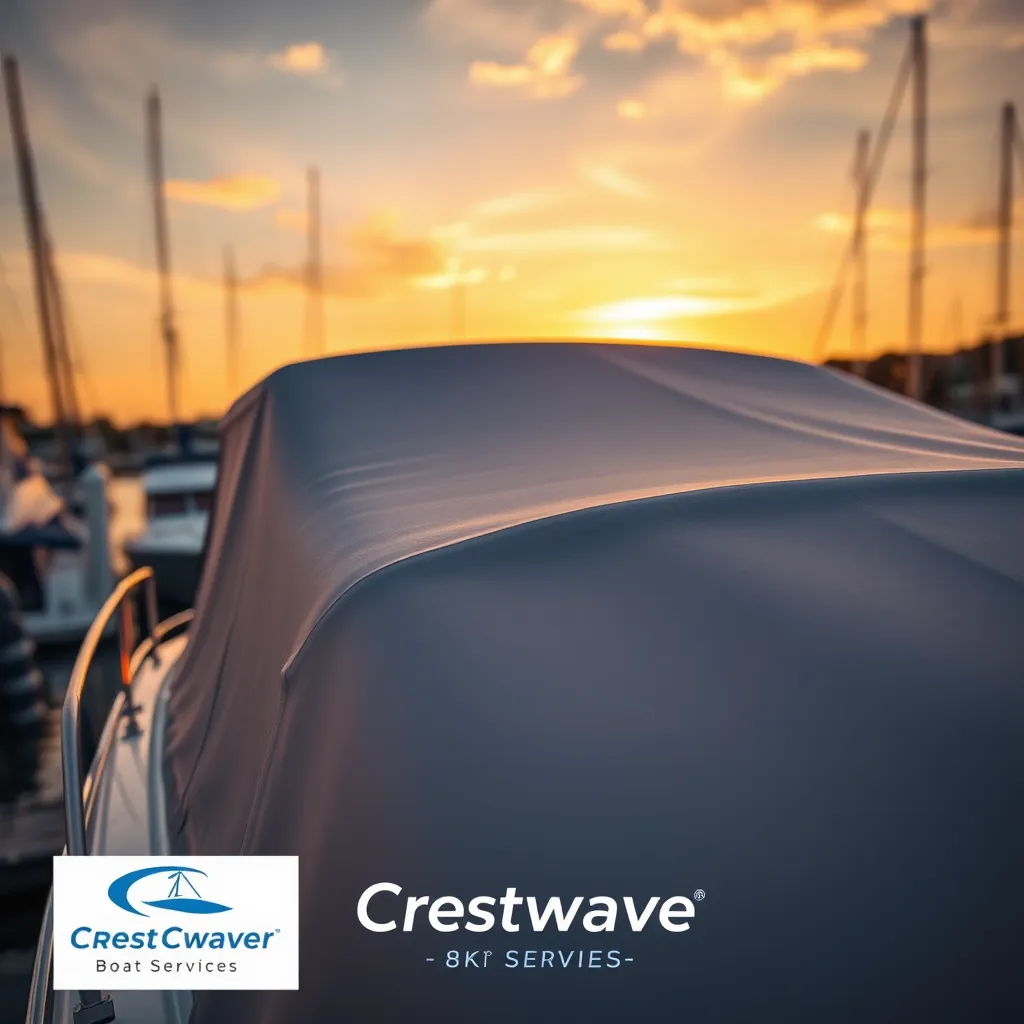 A close-up of a beautiful boat with a custom-fitted Sunbrella cover, displayed at a marina. The background features a stunning sunset, highlighting the color and texture of the canvas, with the logo of Crestwave Boat Services subtly visible.