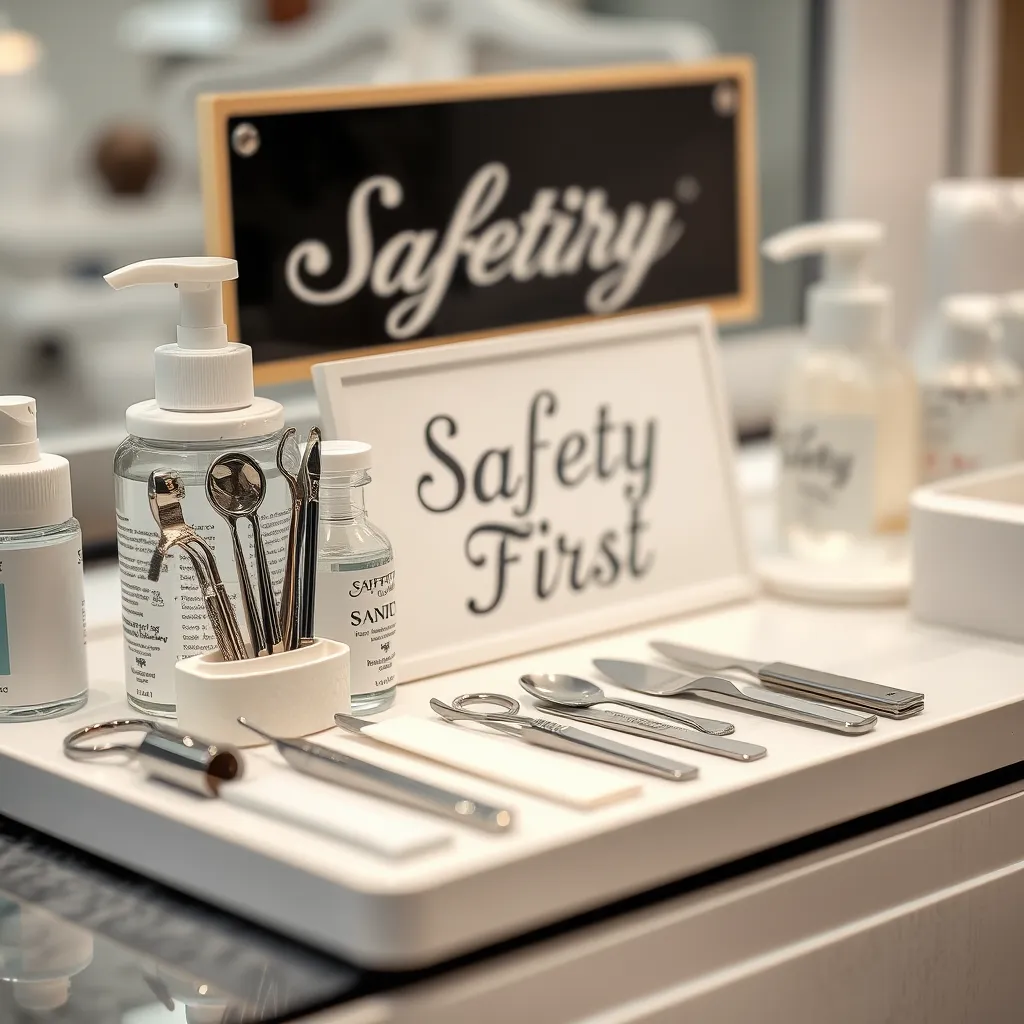 A close-up of a beautifully arranged manicure station displaying sterilized nail tools, sanitizing products, and a sign that says 'Safety First' in an elegant font. The setting is clean and organized, conveying a strong sense of hygiene and care.