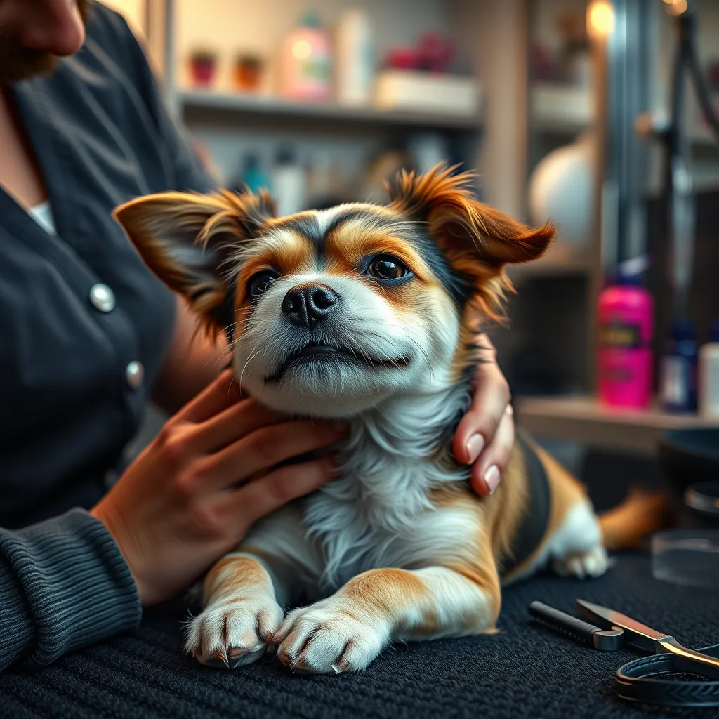 A close-up of a groomer giving a relaxing massage to a small dog in a luxurious grooming space. The dog looks blissful, surrounded by high-quality grooming products and tools, creating an atmosphere of care and attention.