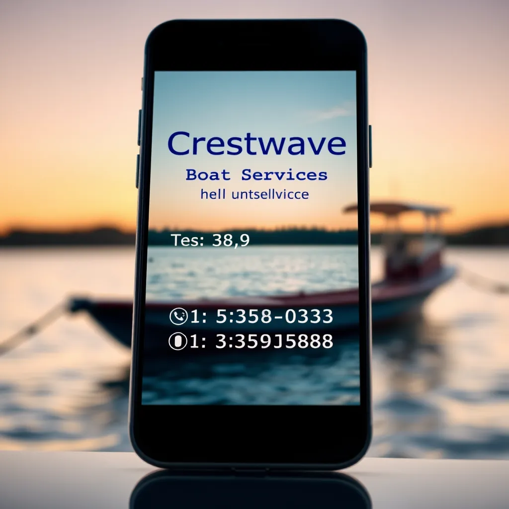 A close-up of a modern smartphone displaying the contact details of Crestwave Boat Services, including the phone number and email. The background features a blurred image of a beautiful boat on a lake, symbolizing service and connectivity.
