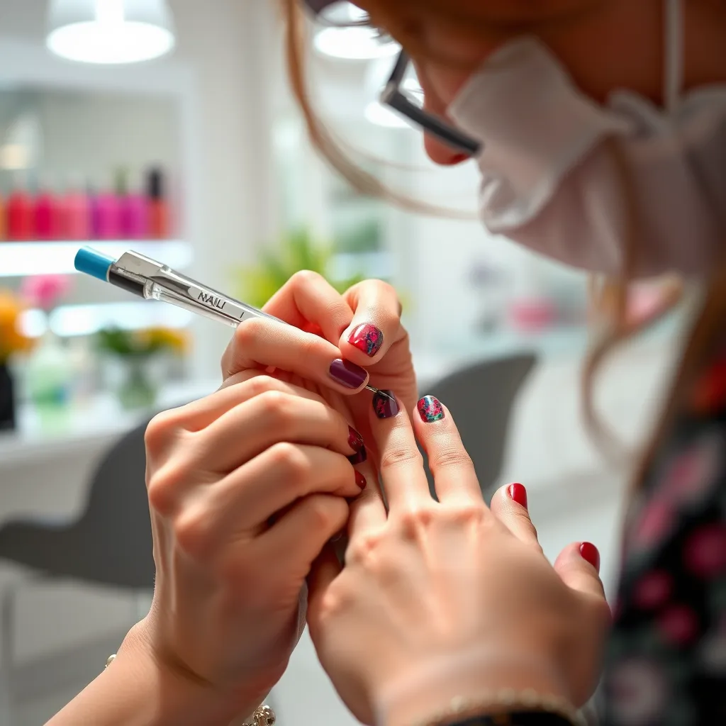 A close-up of a nail technician carefully painting intricate nail art on a client's hands. The image captures vibrant colors, unique designs featuring nature-inspired elements, all set in a bright, stylish nail salon.