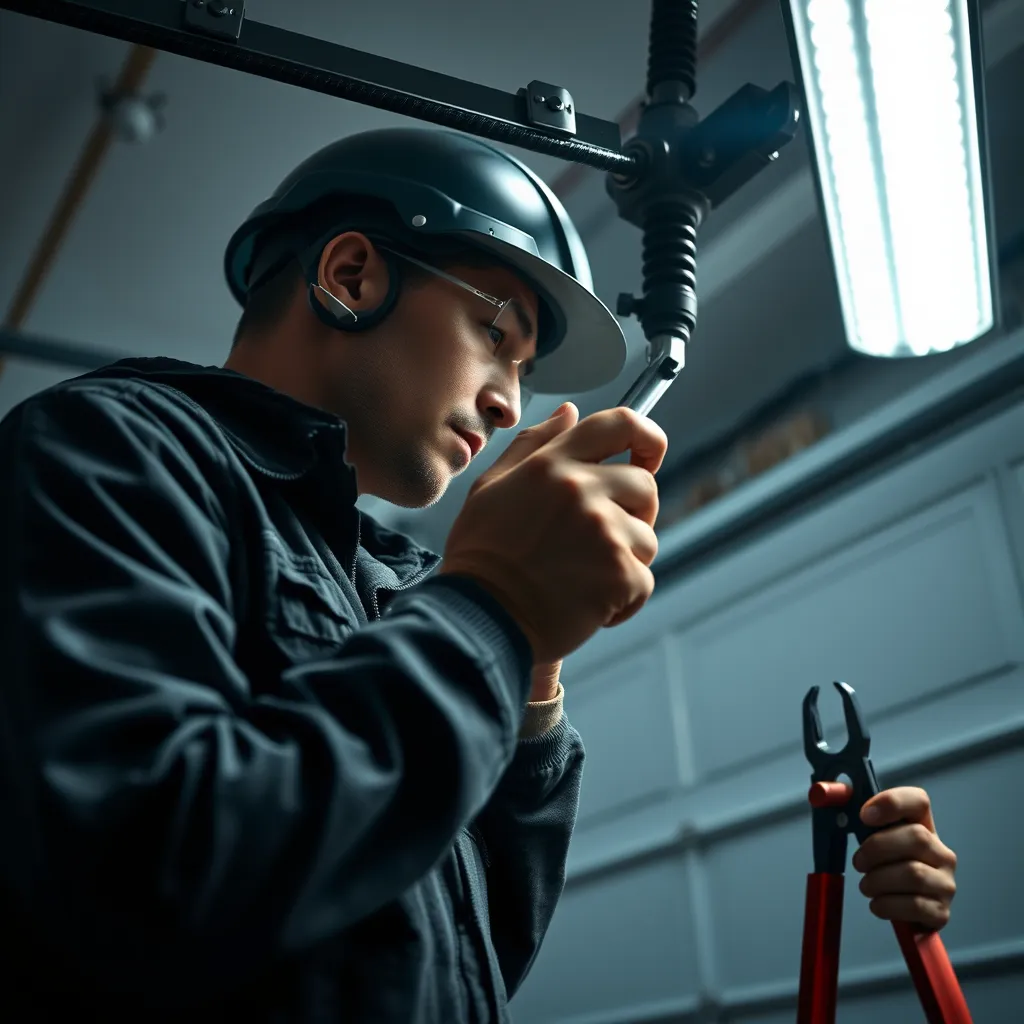 A close-up of a technician repairing a garage door spring indoors, with tools in hand. The technician should be wearing safety gear and focused on the task. The background features a partially open garage door, hinting at the repair work being done. The atmosphere conveys expertise and precision.