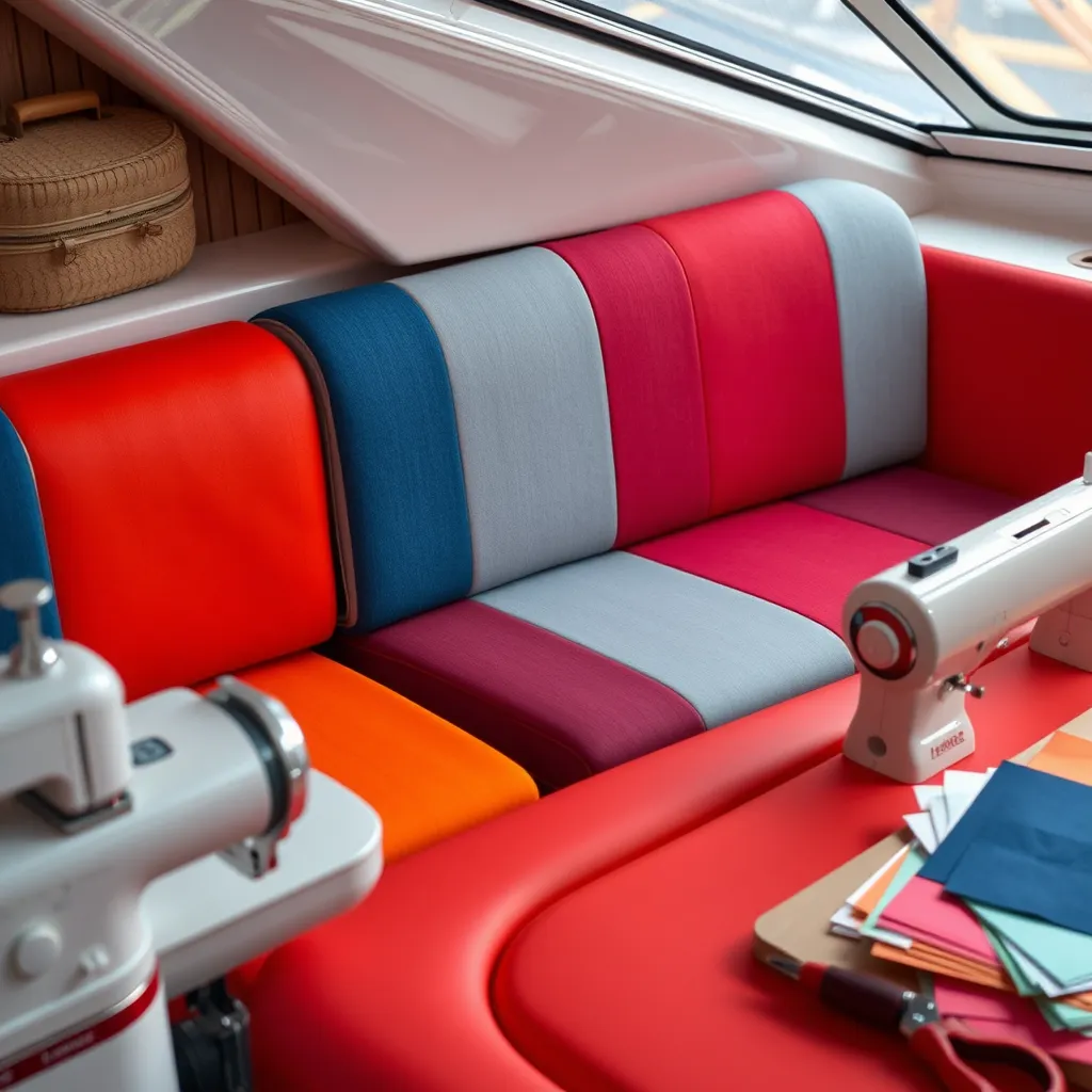 A close-up of luxurious boat upholstery being installed, featuring vibrant colors from Sunbrella fabric. Include tools like sewing machines and fabric swatches, creating a creative workspace focused on marine upholstery.