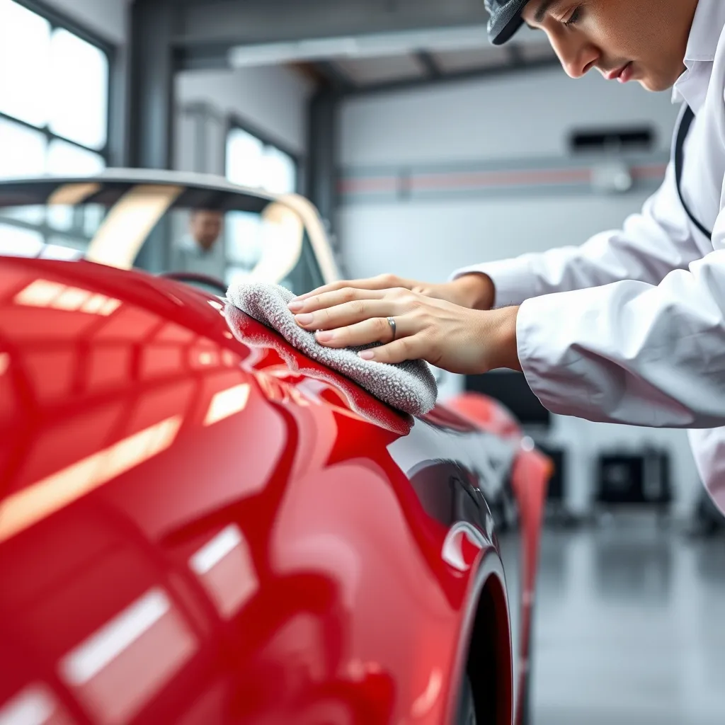 A close-up photo of a car detailer carefully polishing a car's paint with a microfiber cloth. The car should be a classic red sports car, reflecting light in a way that shows the depth of the polish. The detailer should be wearing a white uniform and be focused on their work. The background should be a clean, modern garage setting.