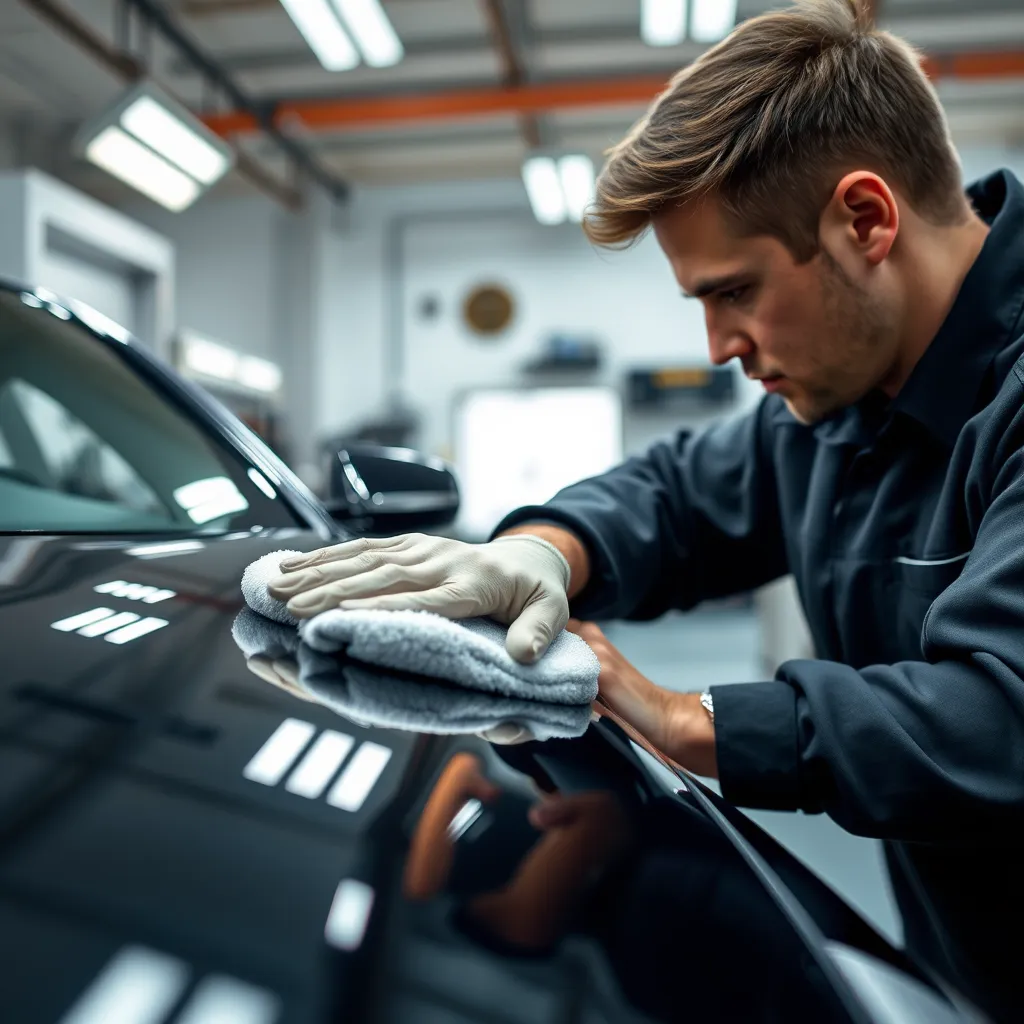 A close-up photo of a car detailing technician meticulously polishing a car with a microfiber cloth, showcasing their attention to detail and expertise. The background should be a clean and well-lit auto detailing shop with tools and equipment visible. The image should convey a sense of professionalism and precision.