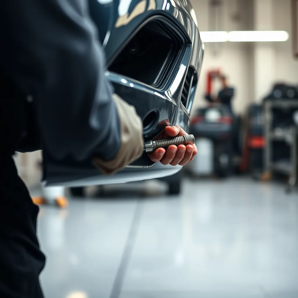 A close-up photo of a mechanic using a tool to repair a dent on a car bumper, with the background blurred, showing a clean, well-lit garage.