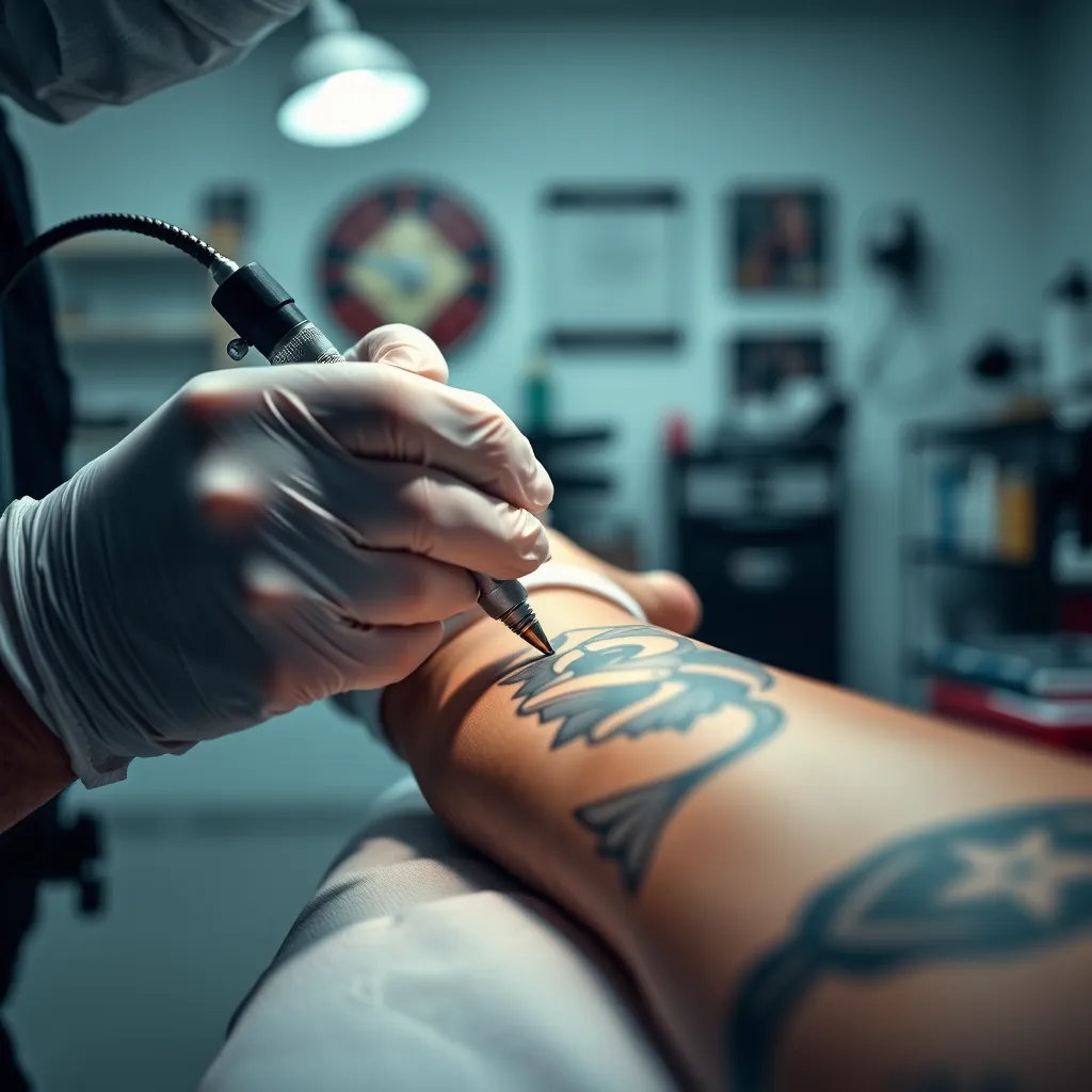 A close-up photo of a tattoo artist's hands wearing sterile gloves, holding a tattoo machine and working on a client's arm in a brightly lit, clean tattoo studio. The image should emphasize the cleanliness and professionalism of the studio.