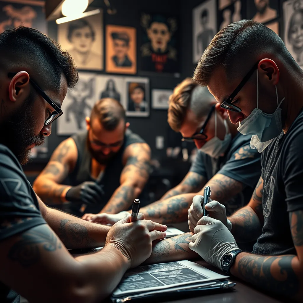 A close-up photo of four tattoo artists, each with different styles of tattoos on their arms, working on their own tattoo designs. They are in a well-lit studio, surrounded by tattoo equipment and artwork. The atmosphere is focused and creative.
