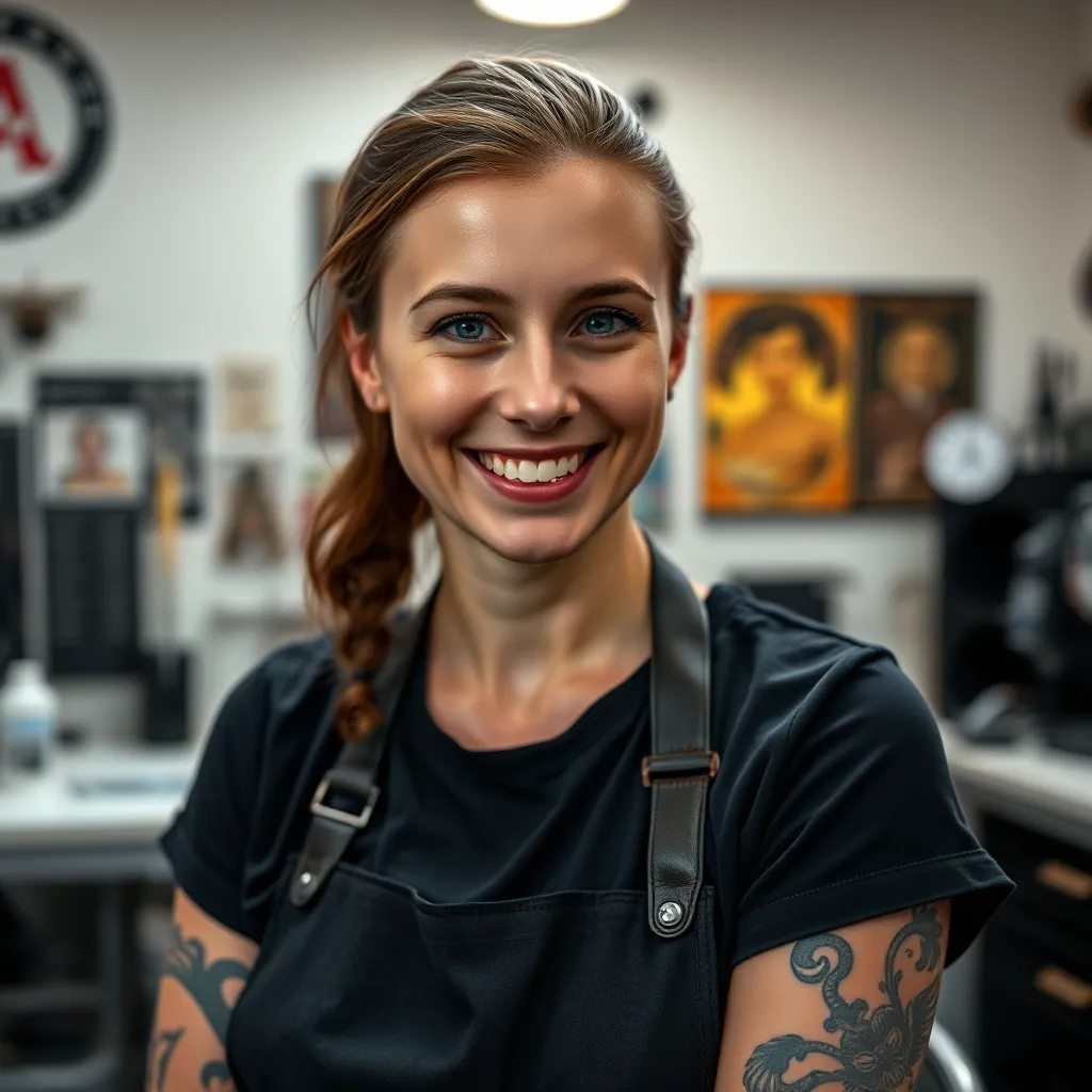A close-up photo of Lucy Parker, a tattoo artist, smiling and looking directly at the camera. She is wearing a black T-shirt and an apron, and has a tattoo on her forearm. The background is a clean, well-lit tattoo studio with tools and artwork on the walls.