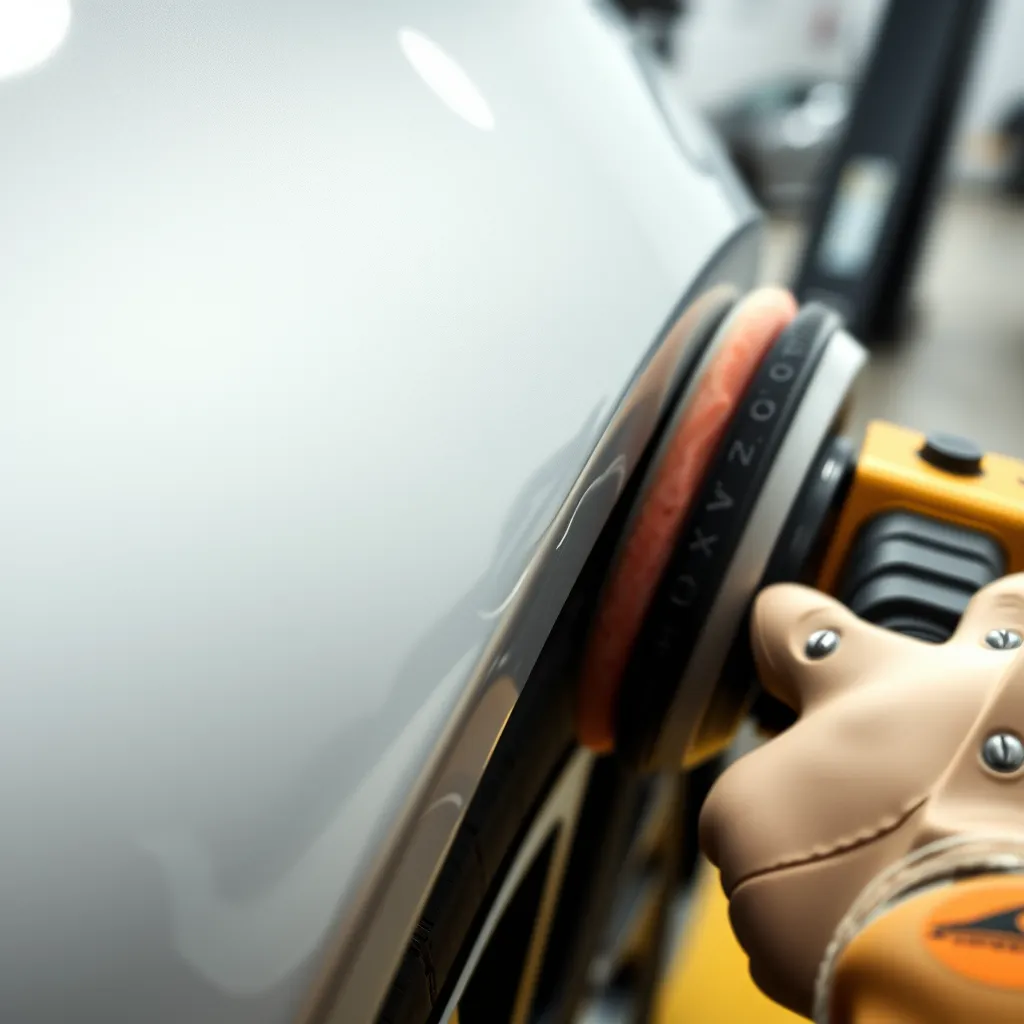 A close-up shot of a car being polished with a buffer. The car should have visible scratches and swirl marks before the polishing, and the image should show the buffer removing these imperfections, revealing a smooth and shiny surface. The background should be blurred, focusing attention on the car and the buffer.