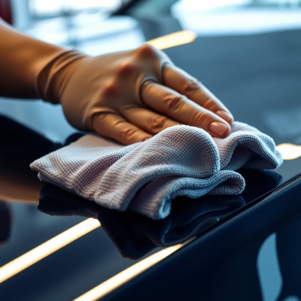 A close-up shot of a car being polished with a microfiber cloth under bright lighting, revealing a deep, glossy shine. The image should convey a sense of precision and care.