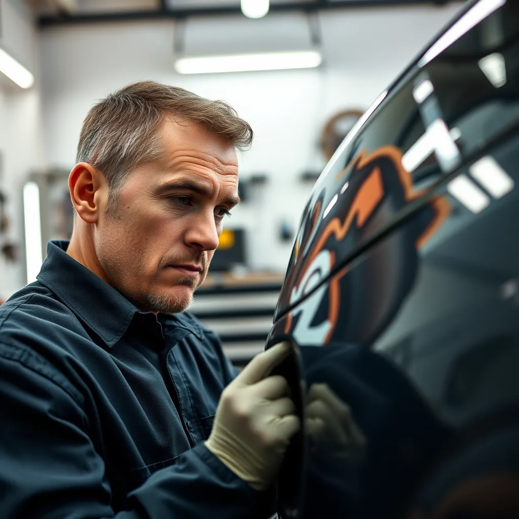 A close-up shot of a car detailing technician carefully repairing a dented bumper on a car with a professional, focused expression. The background should be a clean, well-lit auto detailing shop with tools and equipment visible.