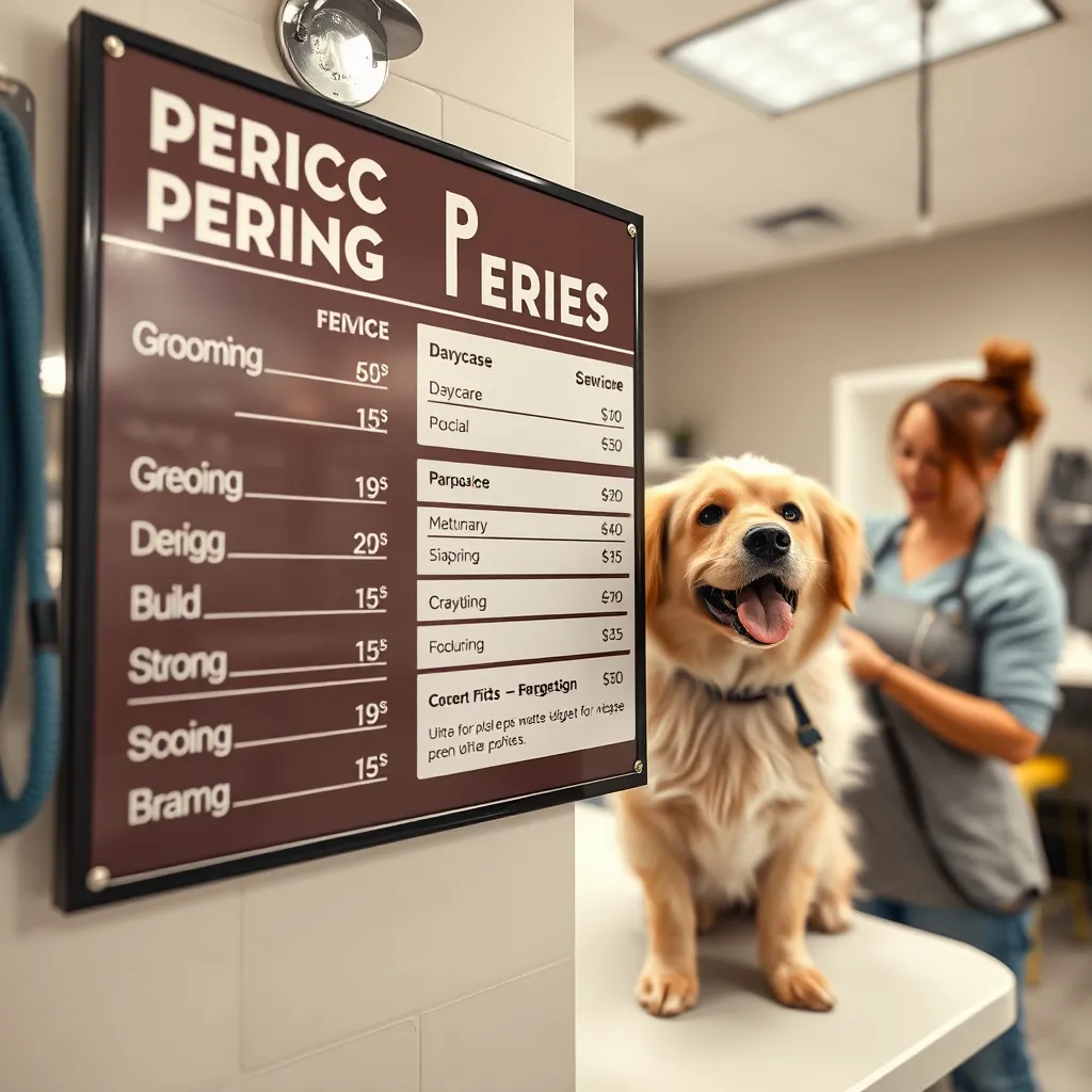 A close-up shot of a clear and concise pricing board on display in a pet grooming facility. The board should feature different service prices such as grooming, daycare, and boarding, with a friendly groomer in the background assisting a happy dog.