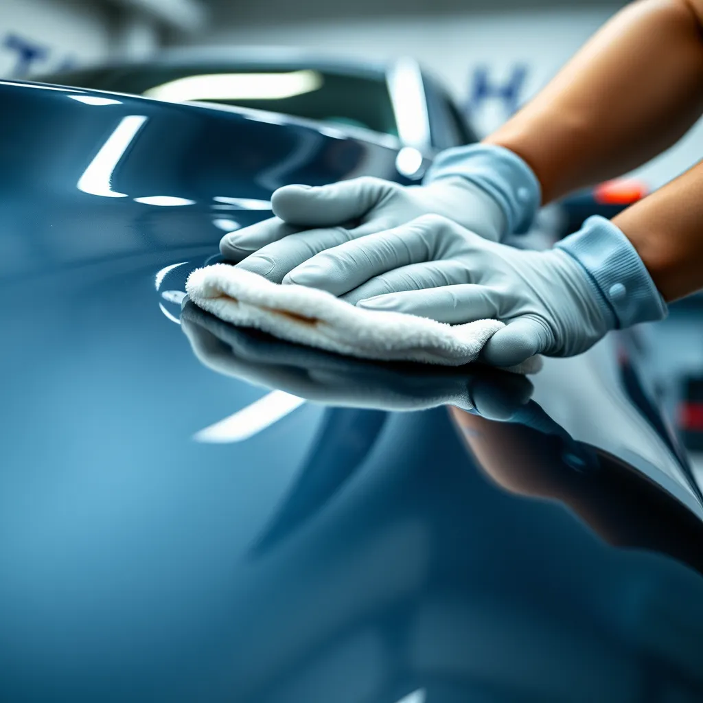 A close-up shot of a detailer's hands carefully polishing a car's paint with a microfiber cloth. The car is sleek and shiny, reflecting light.  The detailer is wearing protective gloves and focused on their work.  The background is blurred and shows a professional detailing shop. 