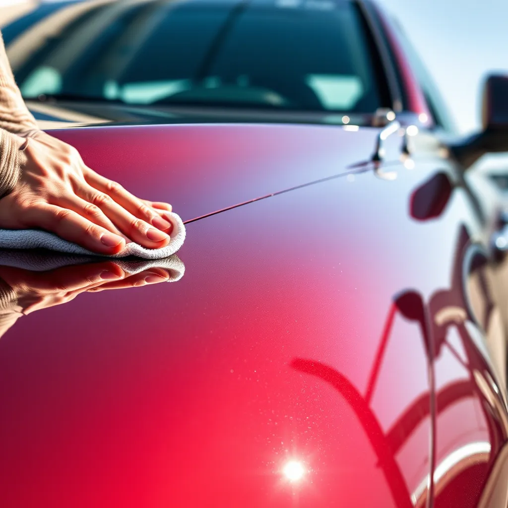 A close-up shot of a gleaming car exterior under bright sunlight. The car's surface is flawlessly polished, reflecting the skyline of Chicago in its shine. The background shows the professional hands of a detailer applying the finishing touch with a microfiber cloth.