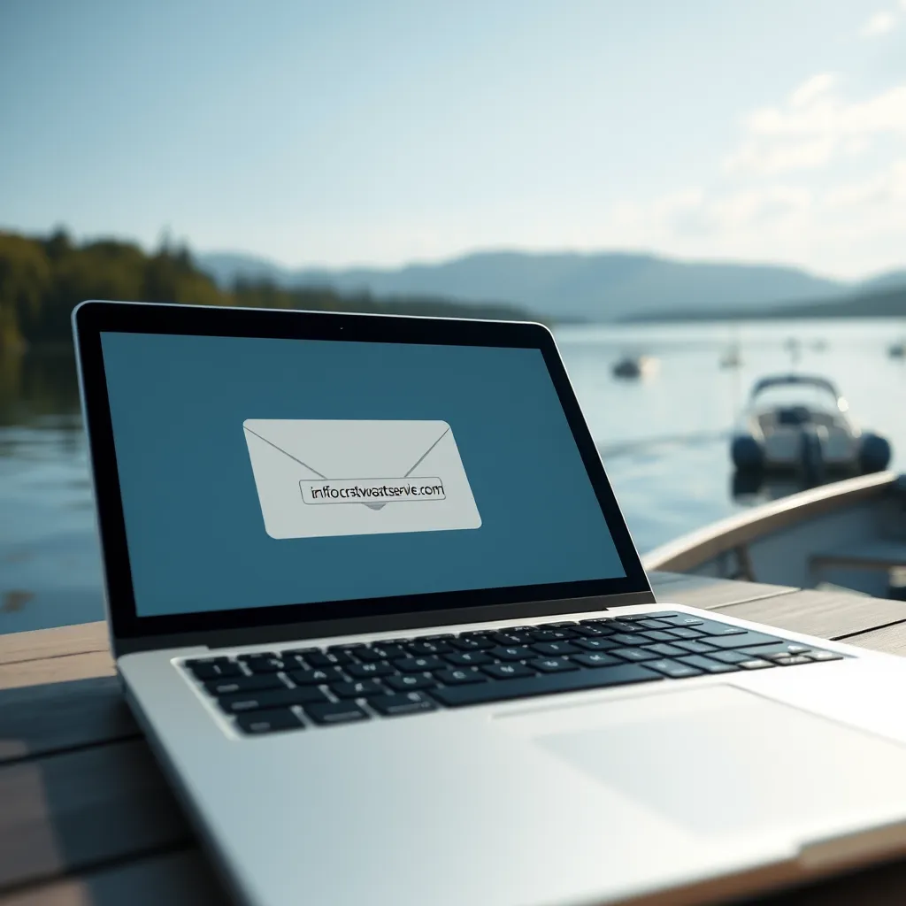 A close-up shot of a laptop with an open email application, displaying the email address info@crestwaveboatservices.com. In the background, a serene lake with boats can be seen, symbolizing the boat services industry.