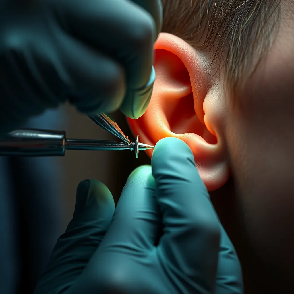 A close-up shot of a piercer carefully placing a piercing stud into a client's ear. The image should emphasize the professional and hygienic aspects of the procedure.