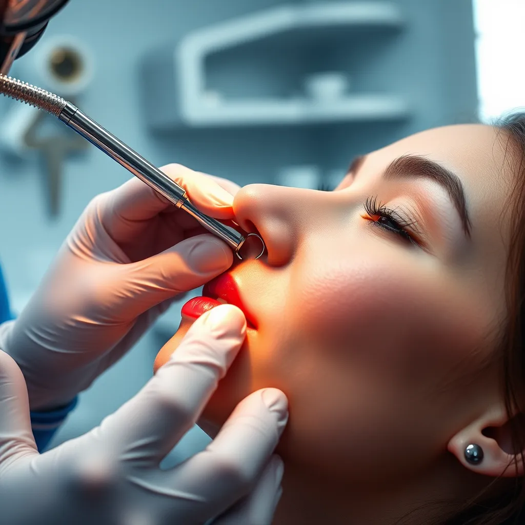 A close-up shot of a piercer's hand carefully inserting a new nose ring into a client's nostril. The studio is clean and modern with stainless steel piercing equipment and a calming color scheme. The piercer wears protective gloves and maintains a professional demeanor. The client is relaxed and looking away from the camera, showcasing their trust in the piercer. The image should be rendered in a photorealistic style with a cool and sterile color palette, emphasizing the safety and precision of the piercing process. 8K resolution, hyperrealistic, ultra-detailed.