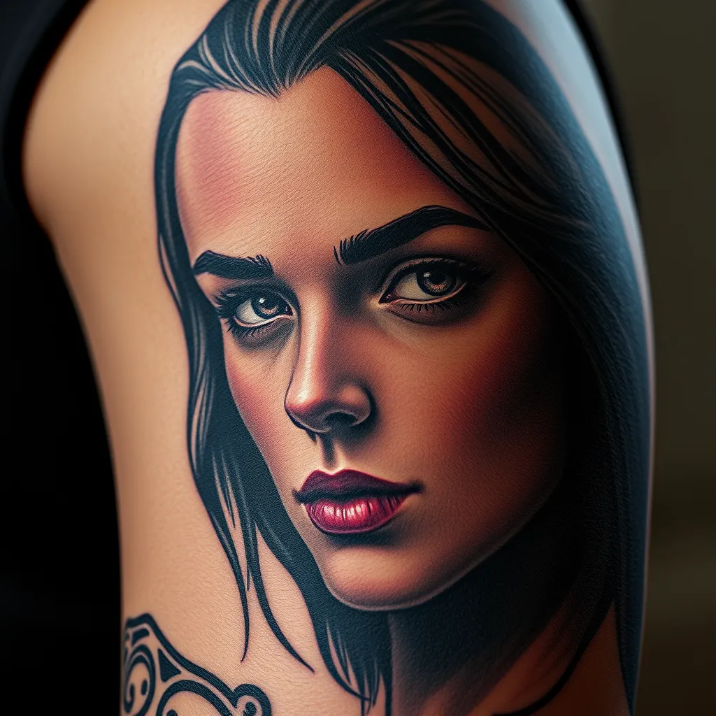 A close-up shot of a realistic portrait tattoo on a person's arm, showcasing the intricate detail and depth of shading. The subject matter should be a captivating portrait, with a focus on the realistic rendition of skin tones, textures, and subtle expressions.